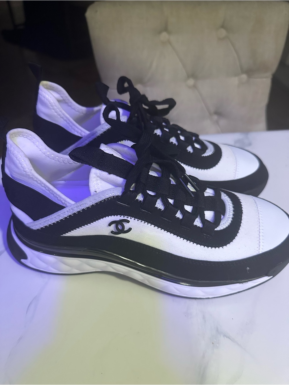 CHANEL Black and White Men’s Low-Top Lace-Up Sneakers 9.5-10 s 42